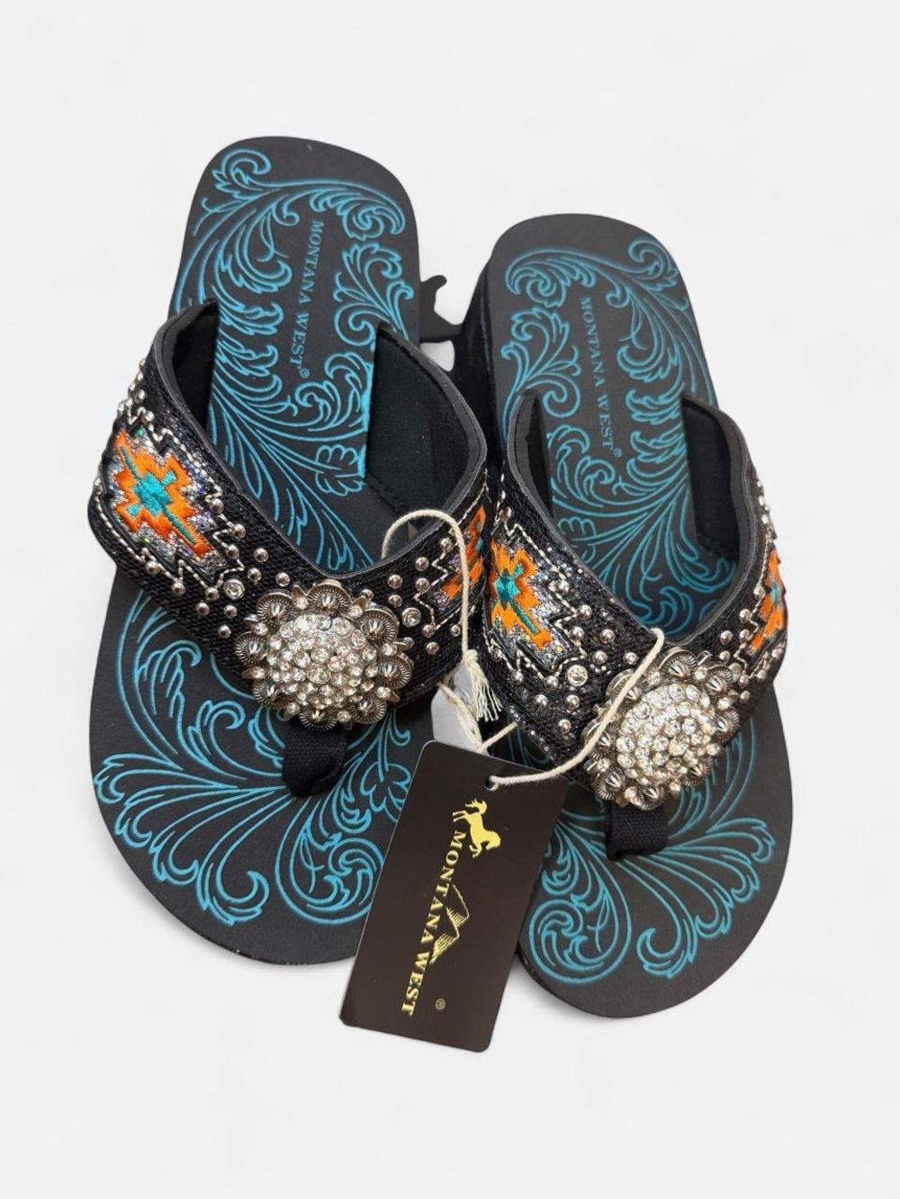 NWT Montana West Black Sandal Flip Flops with Turquoise and Orange Embroidery